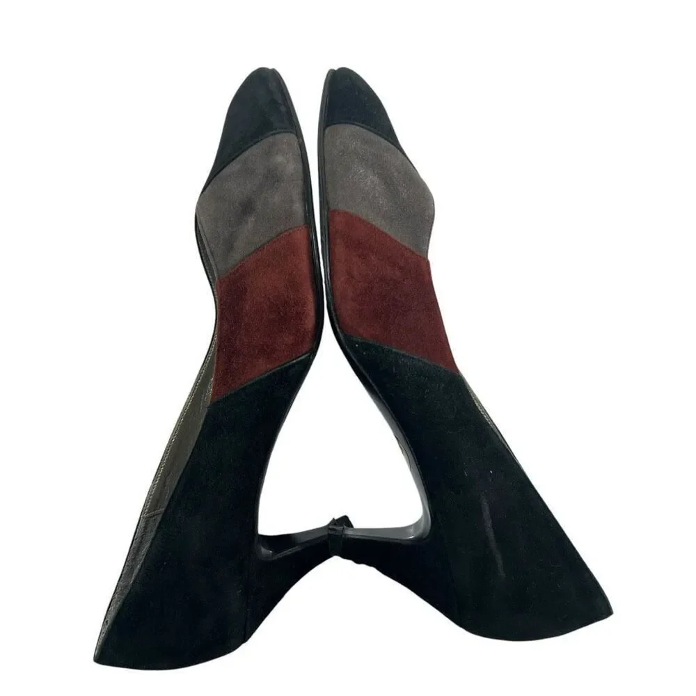 Yves Saint Laurent Black Gray & Red Suede Pumps Heels Sz6 Vintage